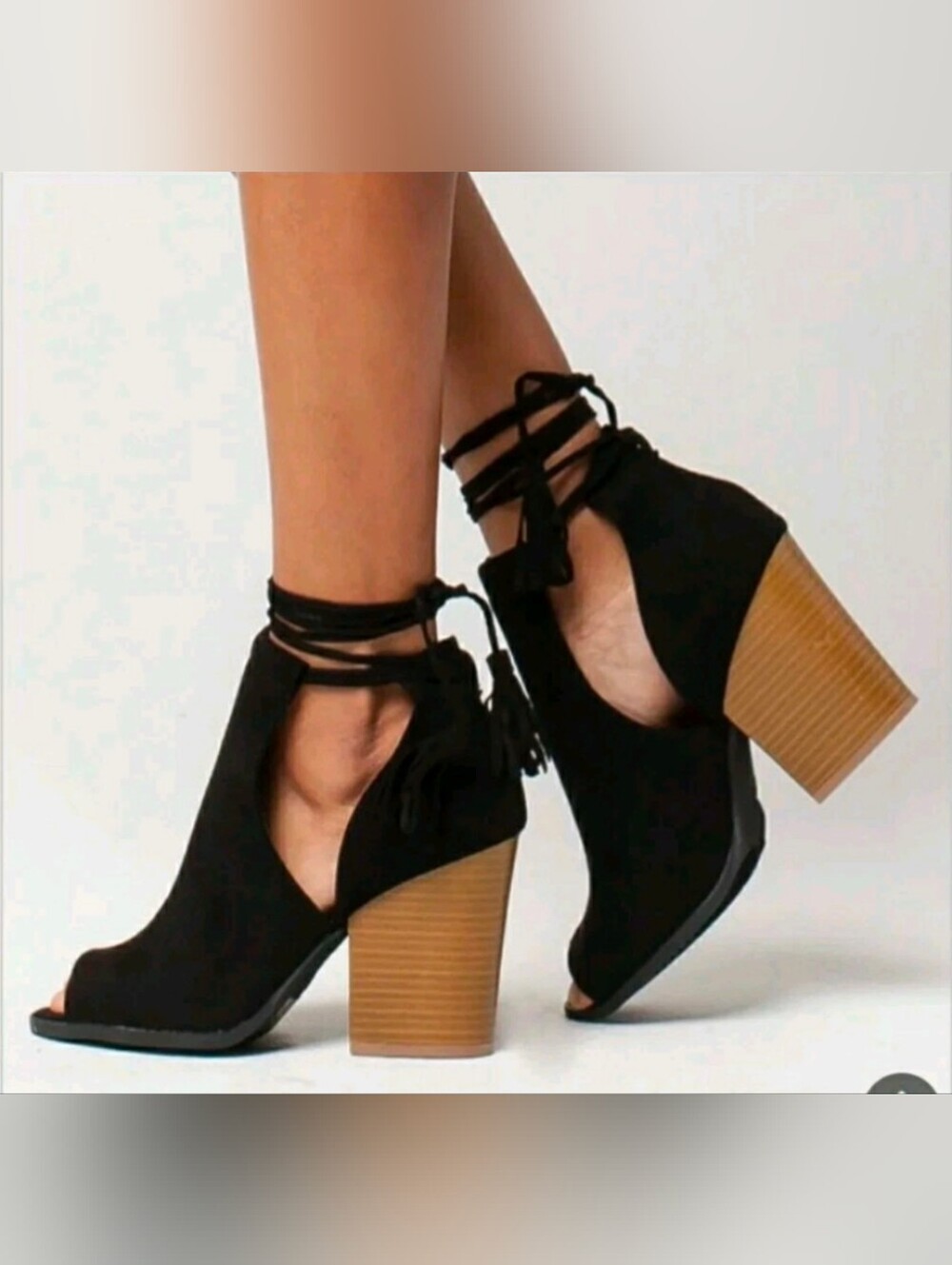 Qupid Black Lace-Up Peep Toe Block Heel Ankle Boots
